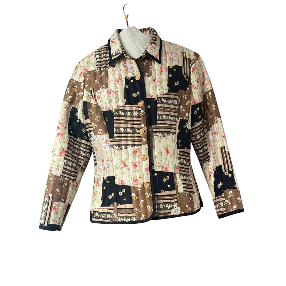 Silkland 100% Silk Quilted Button Geometric Patchwork Jacket Small Petite PS